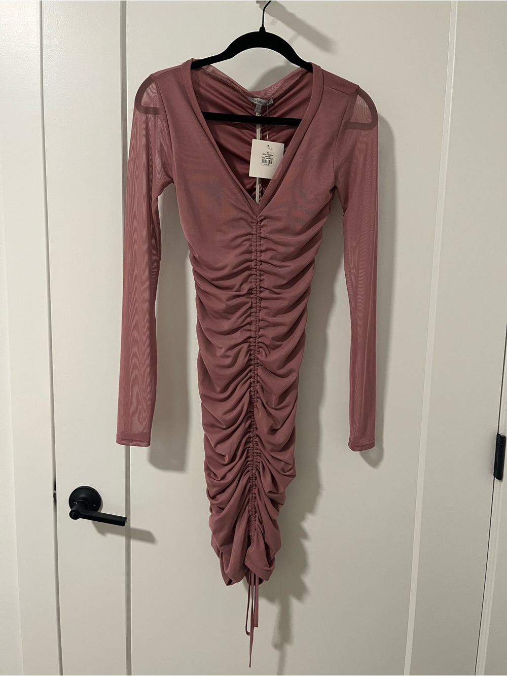 Ruched Long Sleeve V-Neck Dress in Dusty Rose